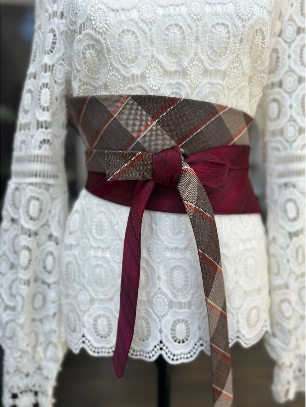 Brown & Burgundy Upcycled Silk & Wool Corset Style Obi Tie Waist Belt | OOAK